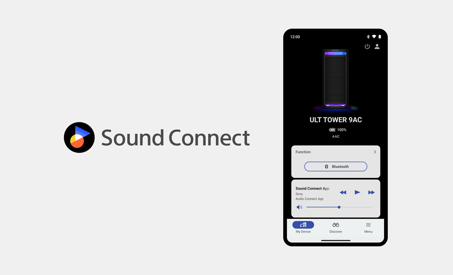 El logotipo de Sound Connect junto a una imagen de un teléfono celular con la aplicación Sony Connect abierta y en uso visible en la pantalla
